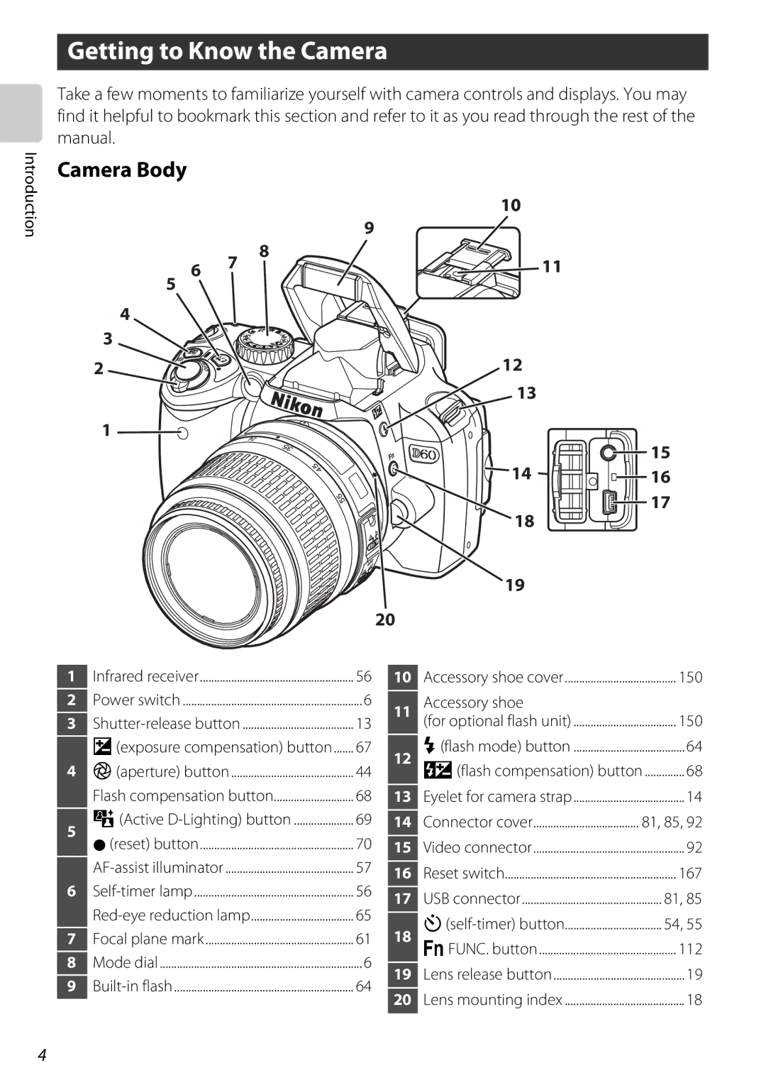 Nikon D60BODY, D60OUTFIT, 25438 user manual Getting to Know the Camera, Camera Body 