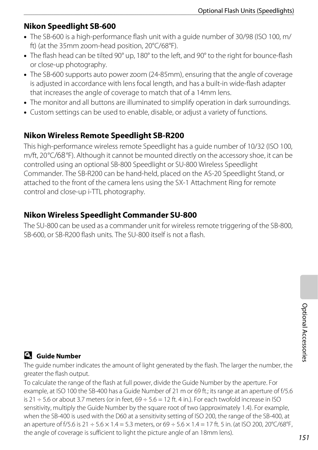 Nikon D60BODY, D60OUTFIT, 25438 user manual 151, Optional Flash Units Speedlights, Guide Number 