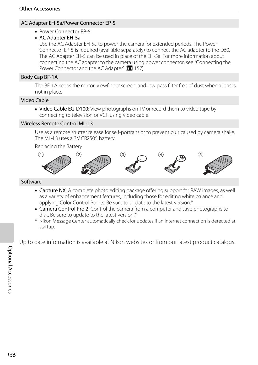 Nikon D60OUTFIT, D60BODY, 25438 user manual 156, Other Accessories AC Adapter EH-5a/Power Connector EP-5 