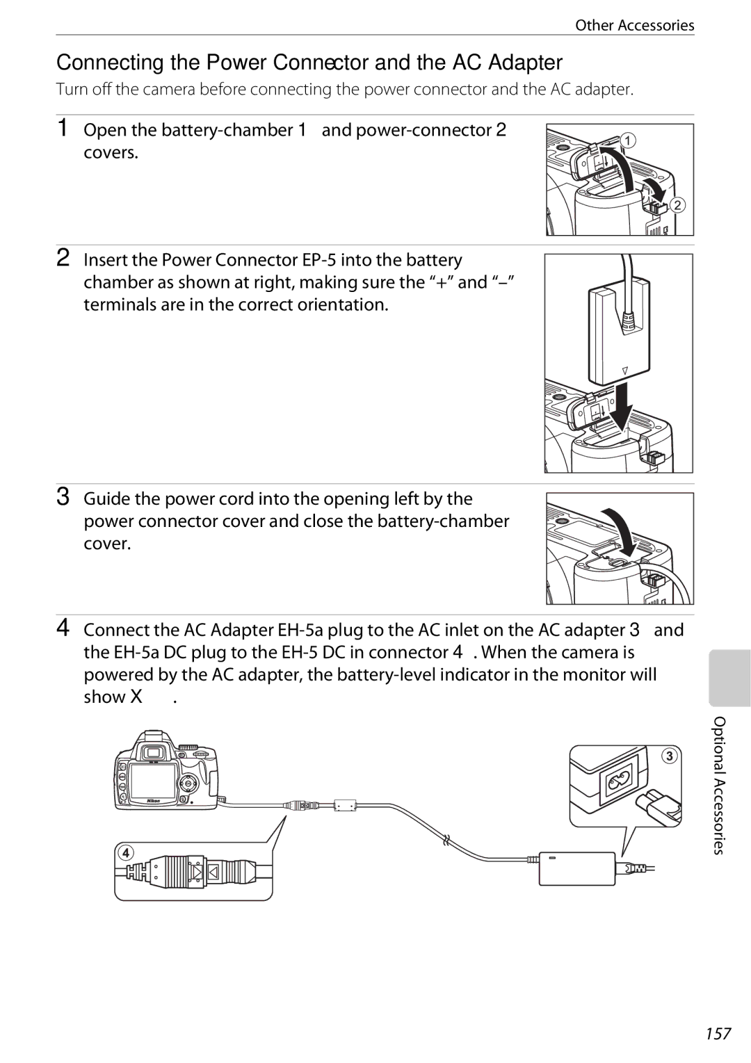 Nikon D60BODY, D60OUTFIT, 25438 user manual Connecting the Power Connector and the AC Adapter, 157, Other Accessories 