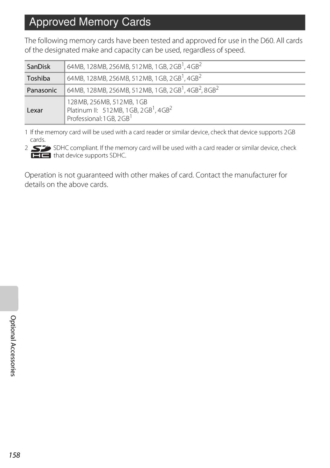 Nikon 25438, D60OUTFIT, D60BODY user manual Approved Memory Cards, 158 