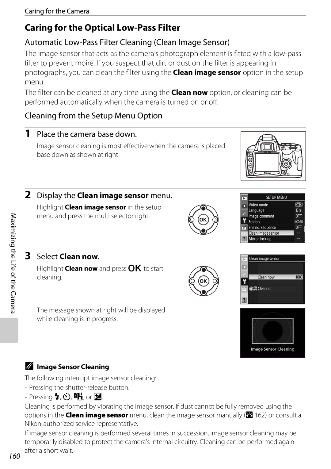 Nikon D60BODY, 25438 Caring for the Optical Low-Pass Filter, Automatic Low-Pass Filter Cleaning Clean Image Sensor, 160 