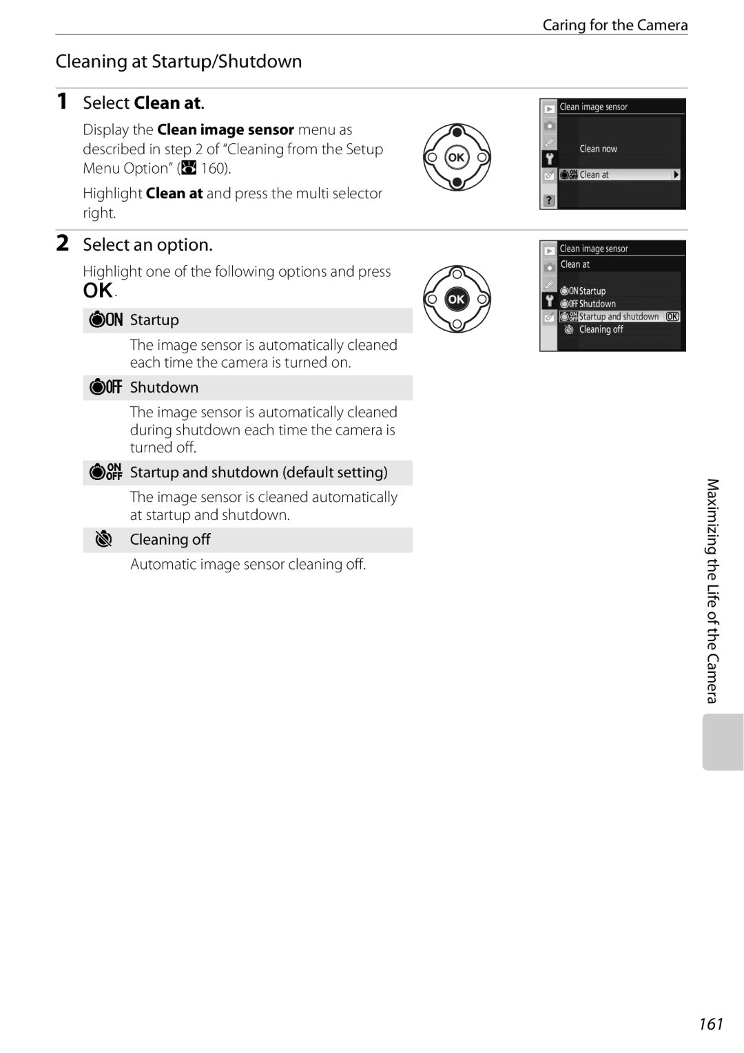 Nikon 25438, D60OUTFIT, D60BODY user manual Cleaning at Startup/Shutdown, Select Clean at, Select an option, 161 