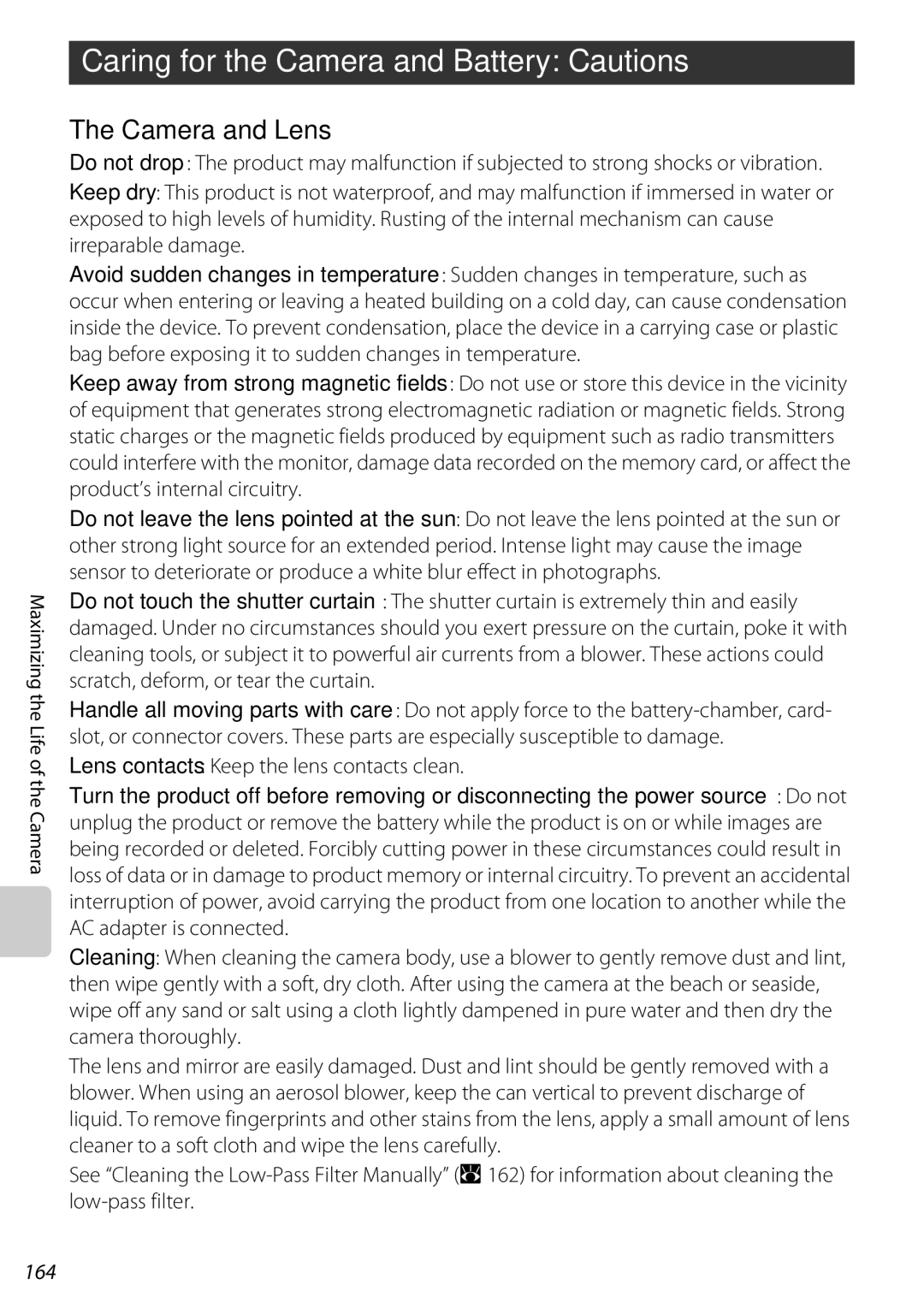Nikon 25438 Caring for the Camera and Battery Cautions, Camera and Lens, Lens contacts Keep the lens contacts clean, 164 