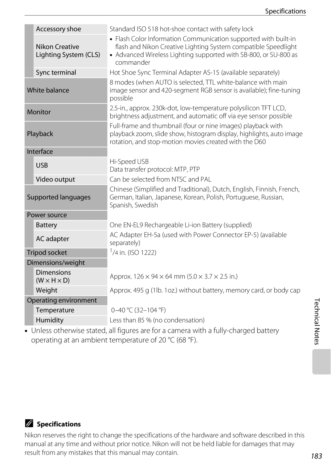 Nikon D60OUTFIT, D60BODY, 25438 user manual 183, Specifications 