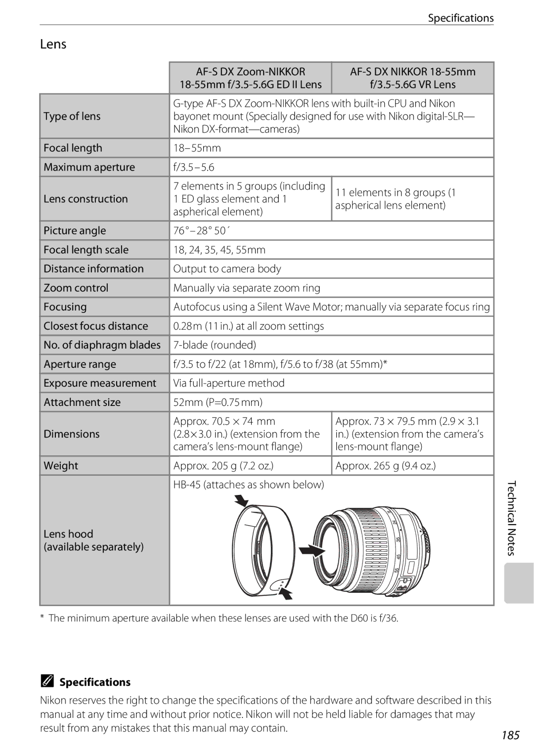 Nikon 25438, D60OUTFIT, D60BODY user manual Lens, 185 