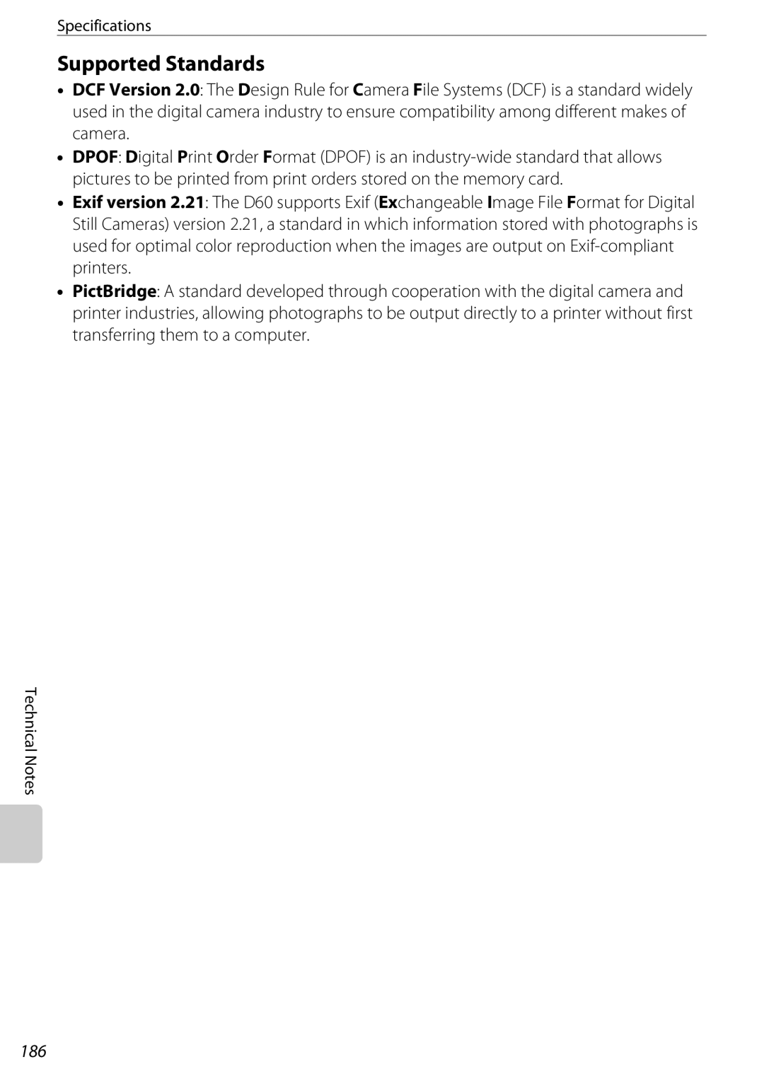 Nikon D60OUTFIT, D60BODY, 25438 user manual Supported Standards, 186 