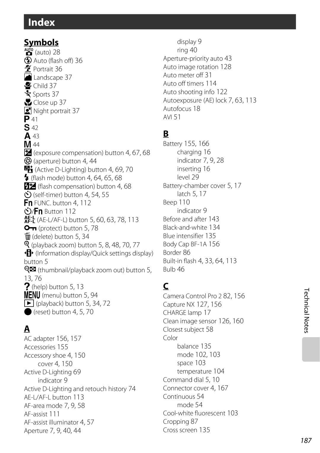 Nikon D60BODY, D60OUTFIT, 25438 user manual Index, Symbols, 187 