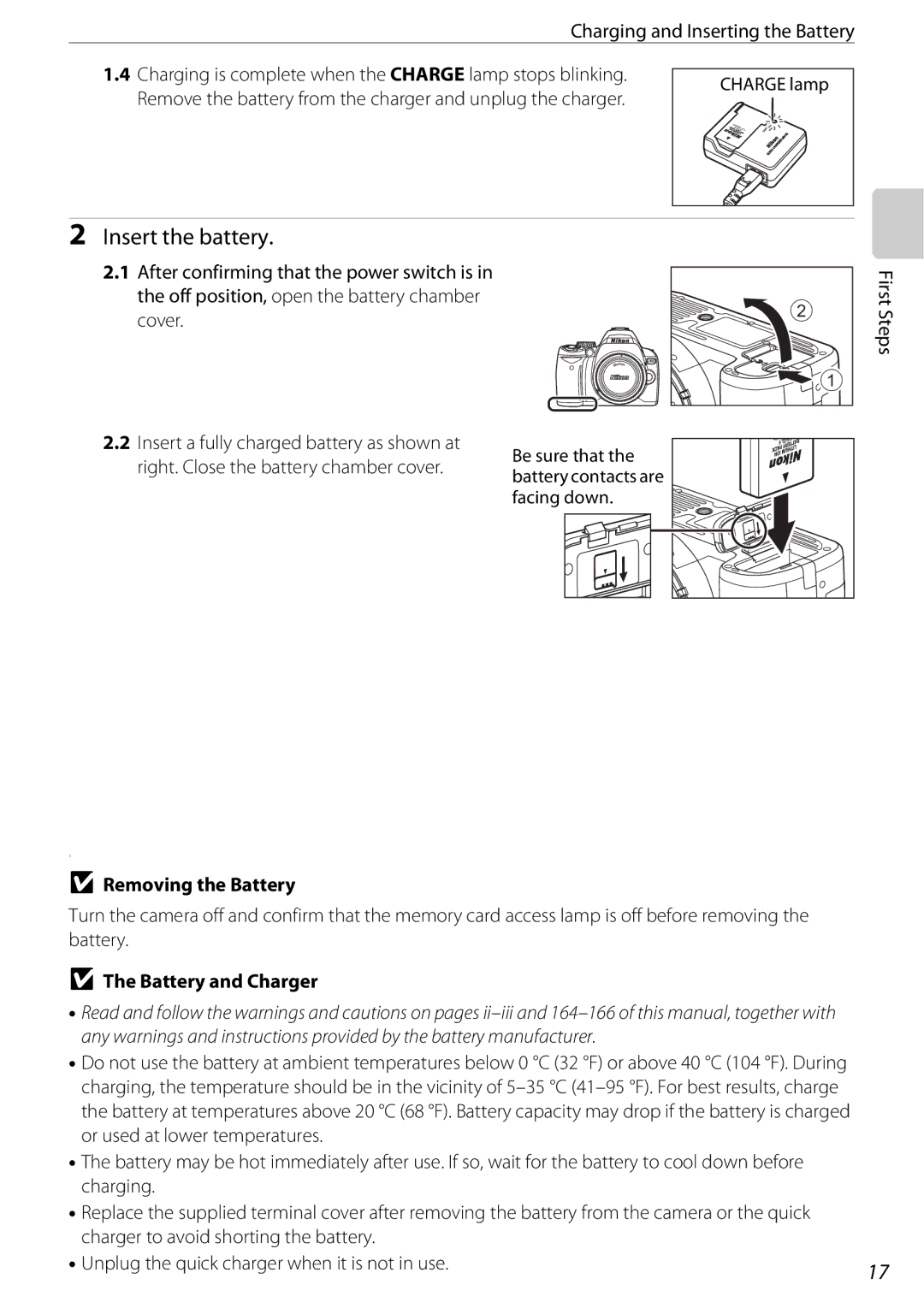 Nikon 25438, D60OUTFIT Insert the battery, Charging and Inserting the Battery, Removing the Battery, Battery and Charger 