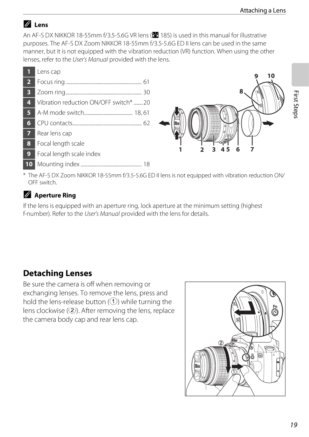 Nikon D60BODY, D60OUTFIT, 25438 user manual Detaching Lenses, Attaching a Lens, Aperture Ring 