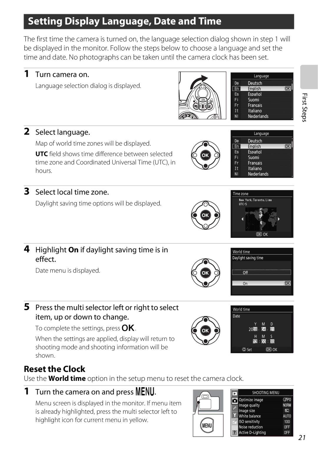 Nikon D60OUTFIT, D60BODY, 25438 Setting Display Language, Date and Time, Reset the Clock, Turn the camera on and press O 