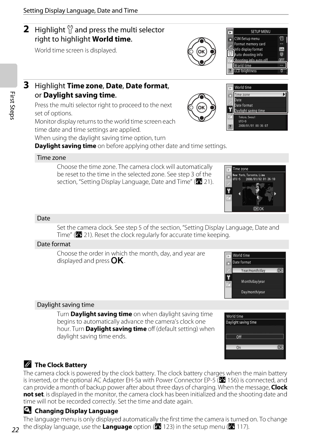 Nikon D60BODY, D60OUTFIT, 25438 user manual Clock Battery, Changing Display Language 