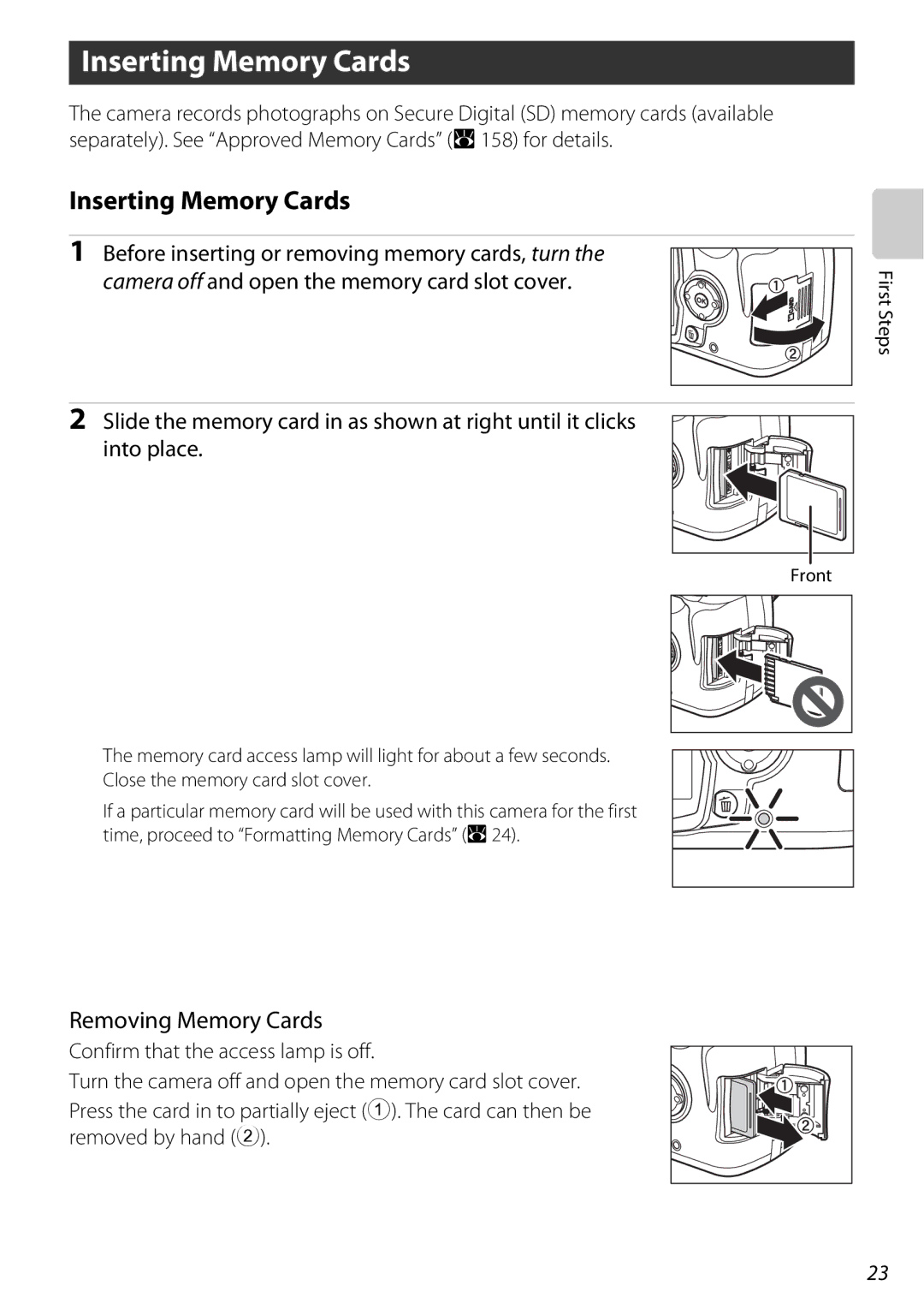 Nikon 25438, D60OUTFIT, D60BODY user manual Inserting Memory Cards, Removing Memory Cards 