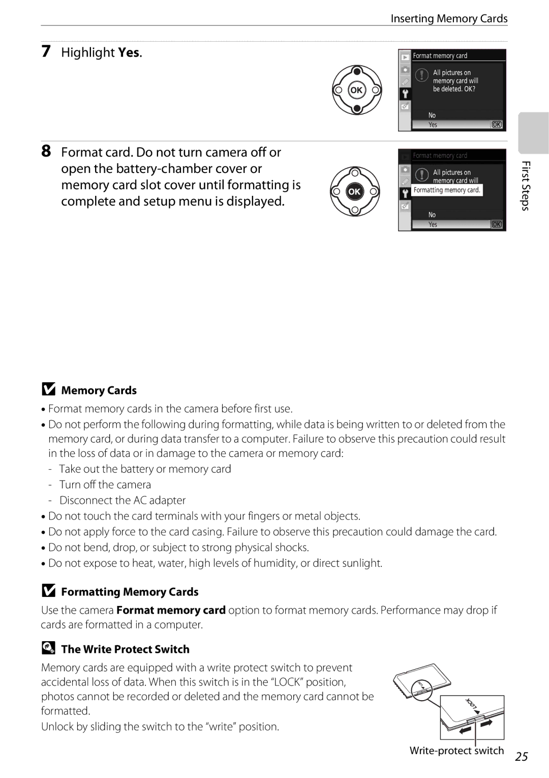 Nikon D60BODY, D60OUTFIT, 25438 user manual Highlight Yes, Formatting Memory Cards, Write Protect Switch 