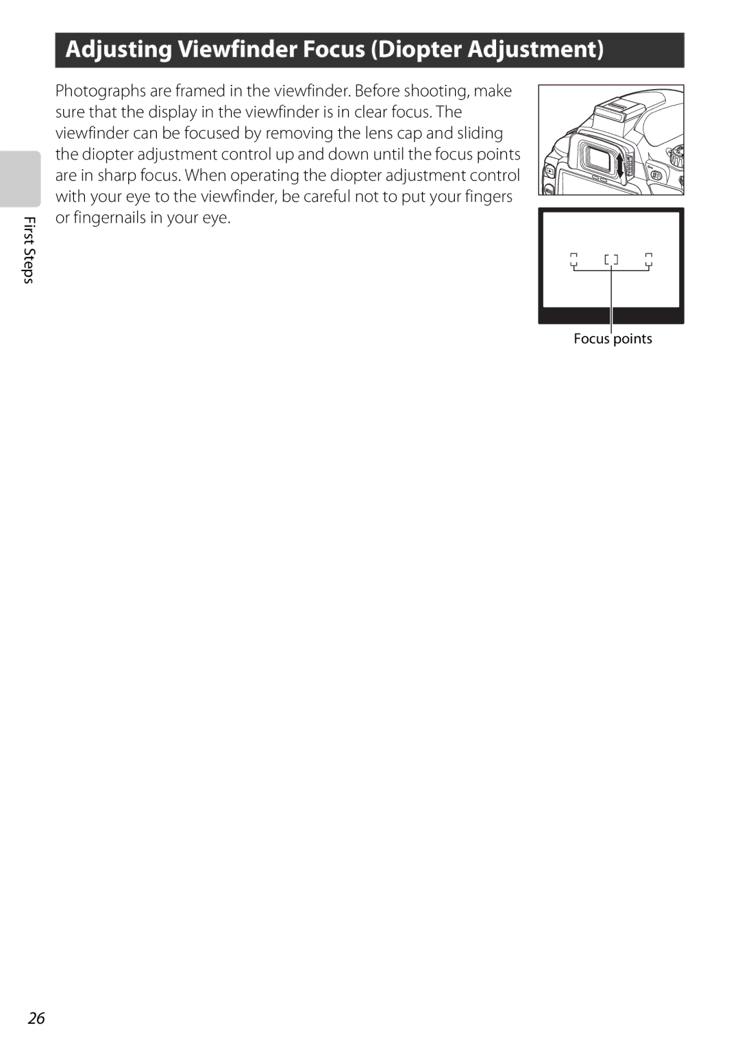 Nikon 25438, D60OUTFIT, D60BODY user manual Adjusting Viewfinder Focus Diopter Adjustment 