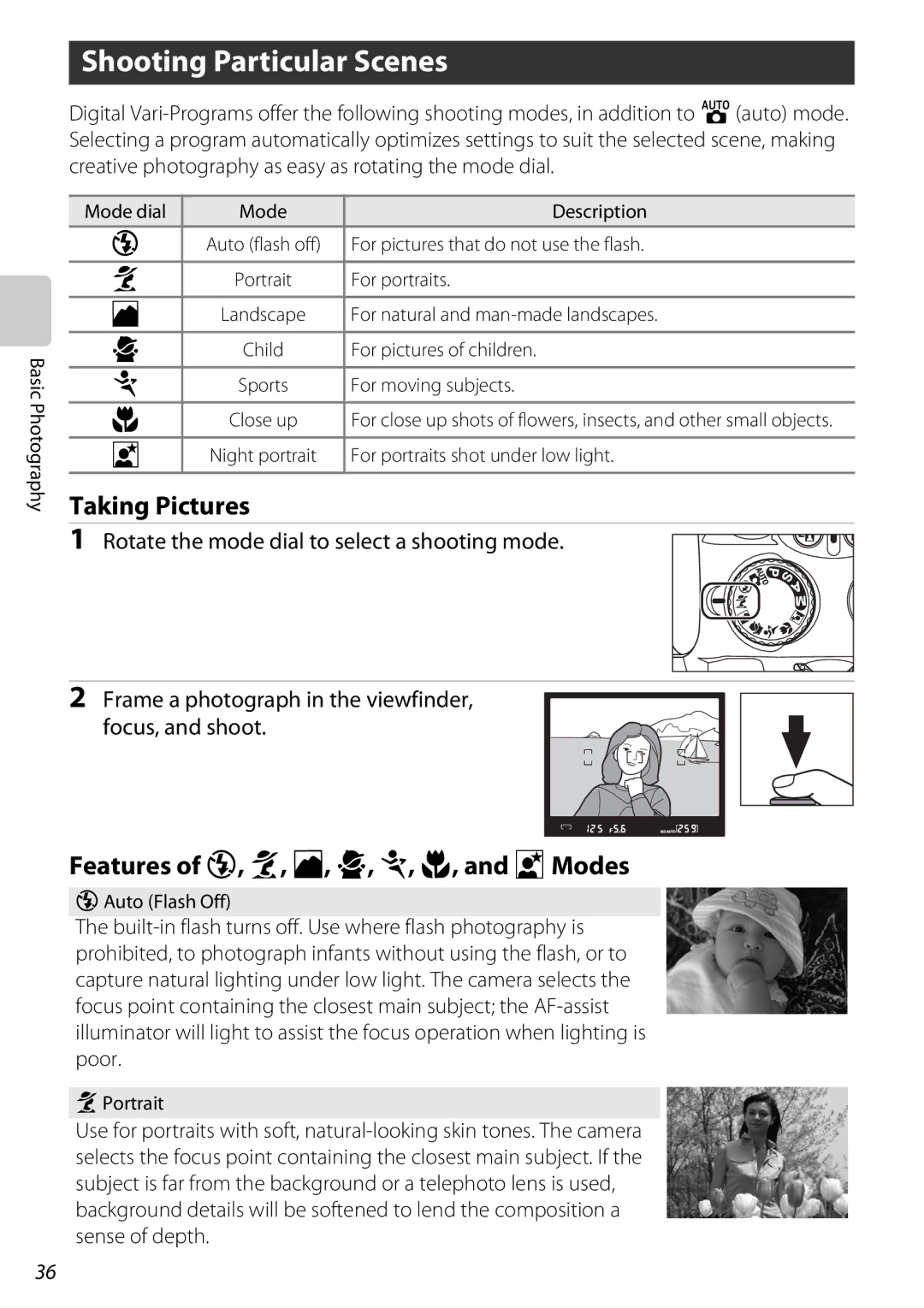 Nikon D60OUTFIT, D60BODY, 25438 Shooting Particular Scenes, Taking Pictures, Features of f, g, h, i, j, k, and lModes 