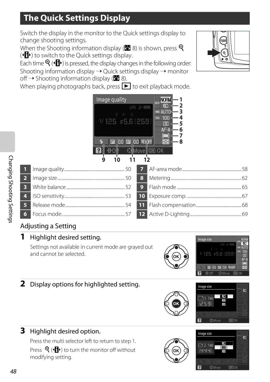 Nikon D60OUTFIT, D60BODY, 25438 Quick Settings Display, Adjusting a Setting, Display options for highlighted setting 