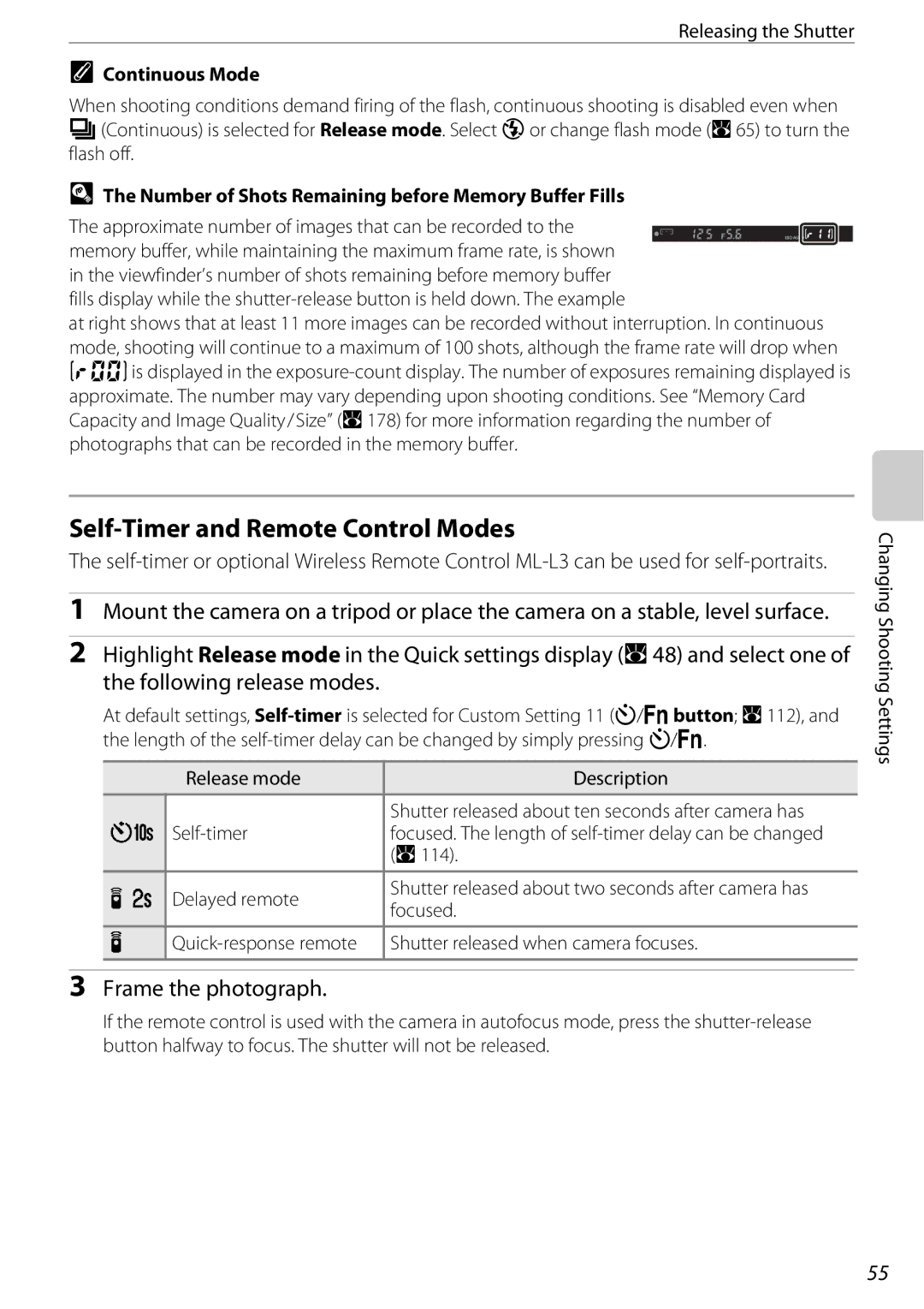 Nikon D60BODY, D60OUTFIT, 25438 user manual Self-Timer and Remote Control Modes, Frame the photograph, Continuous Mode 