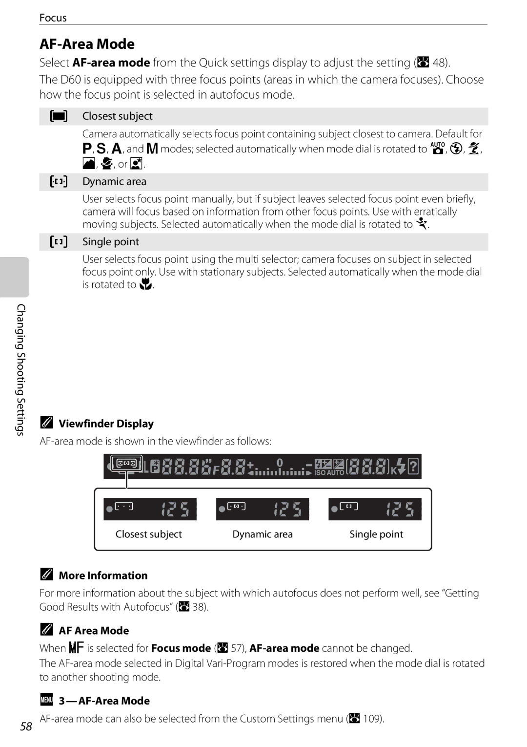 Nikon D60BODY, D60OUTFIT, 25438 user manual AF-Area Mode, Viewfinder Display, AF Area Mode 