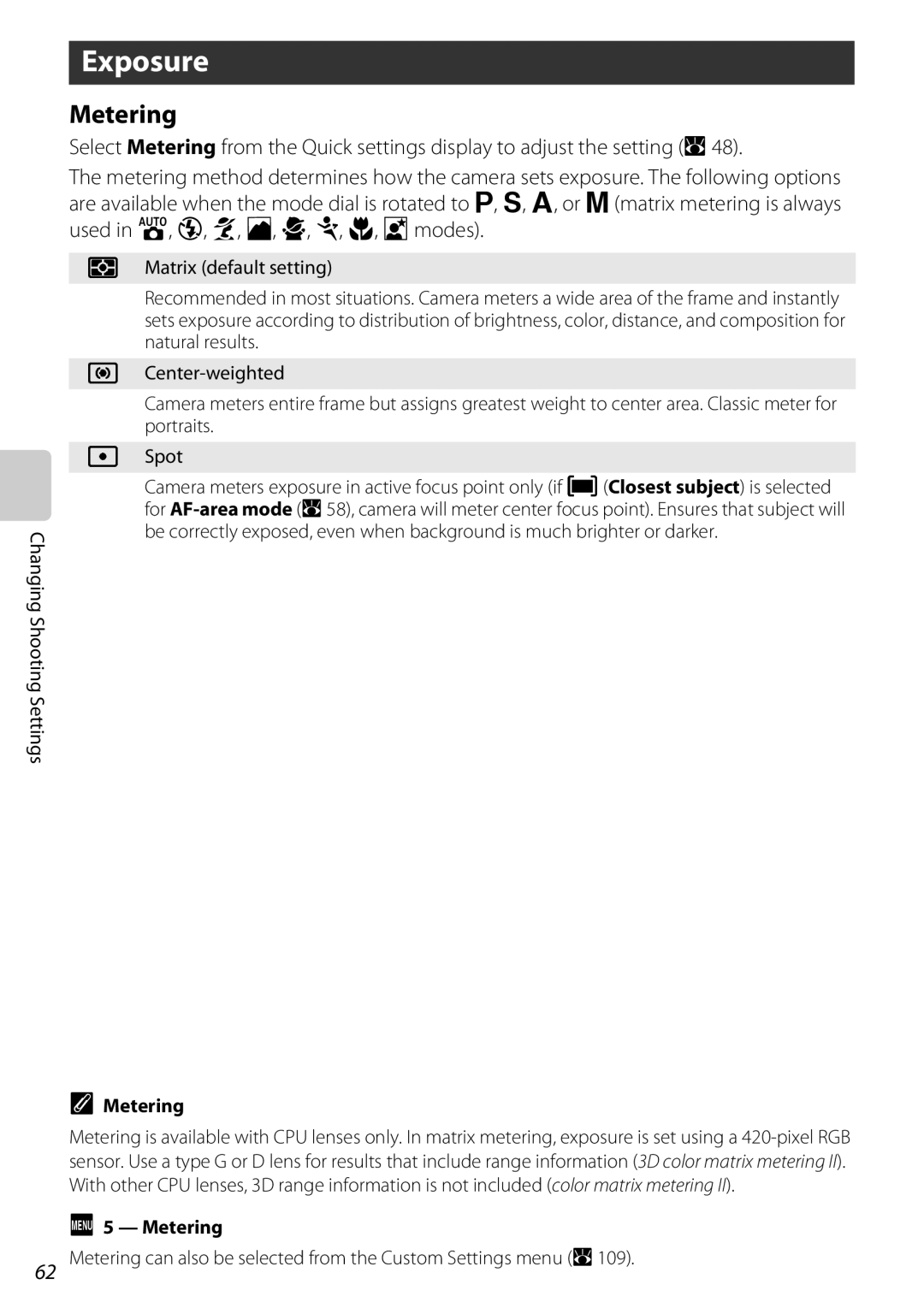 Nikon 25438, D60OUTFIT, D60BODY user manual Exposure, Metering 