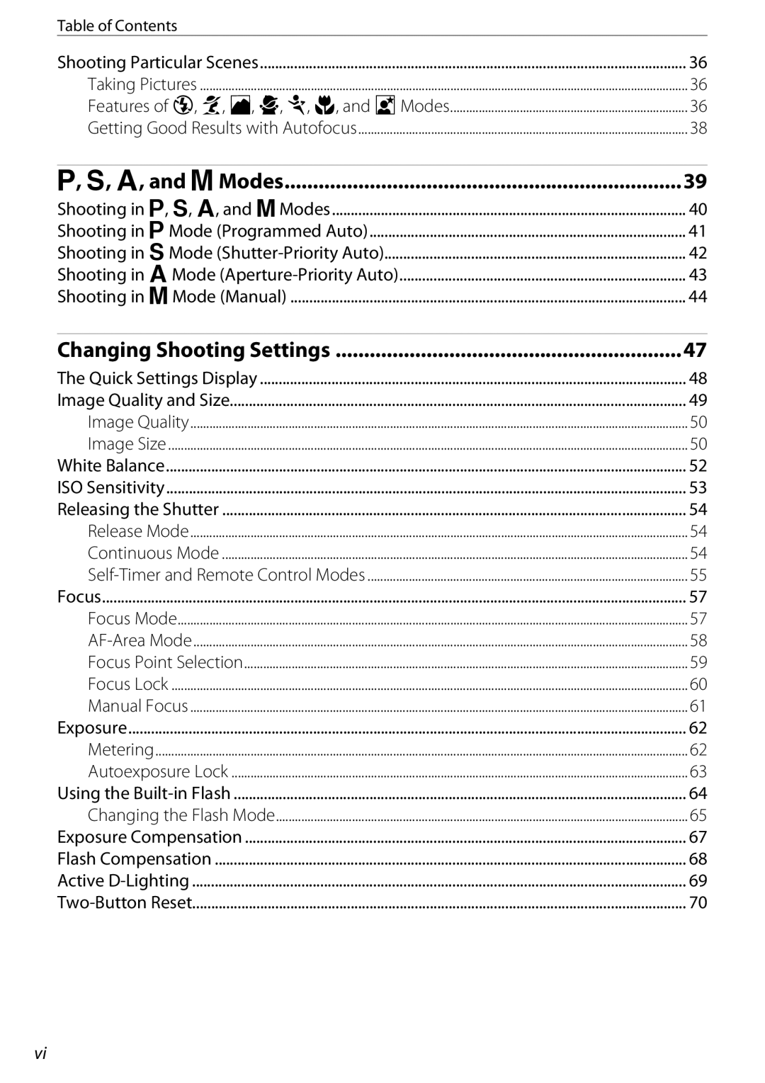 Nikon 25438, D60OUTFIT Table of Contents, Features of f, g, h, i, j, k, and lModes, Shooting in a, b, c, and dModes 