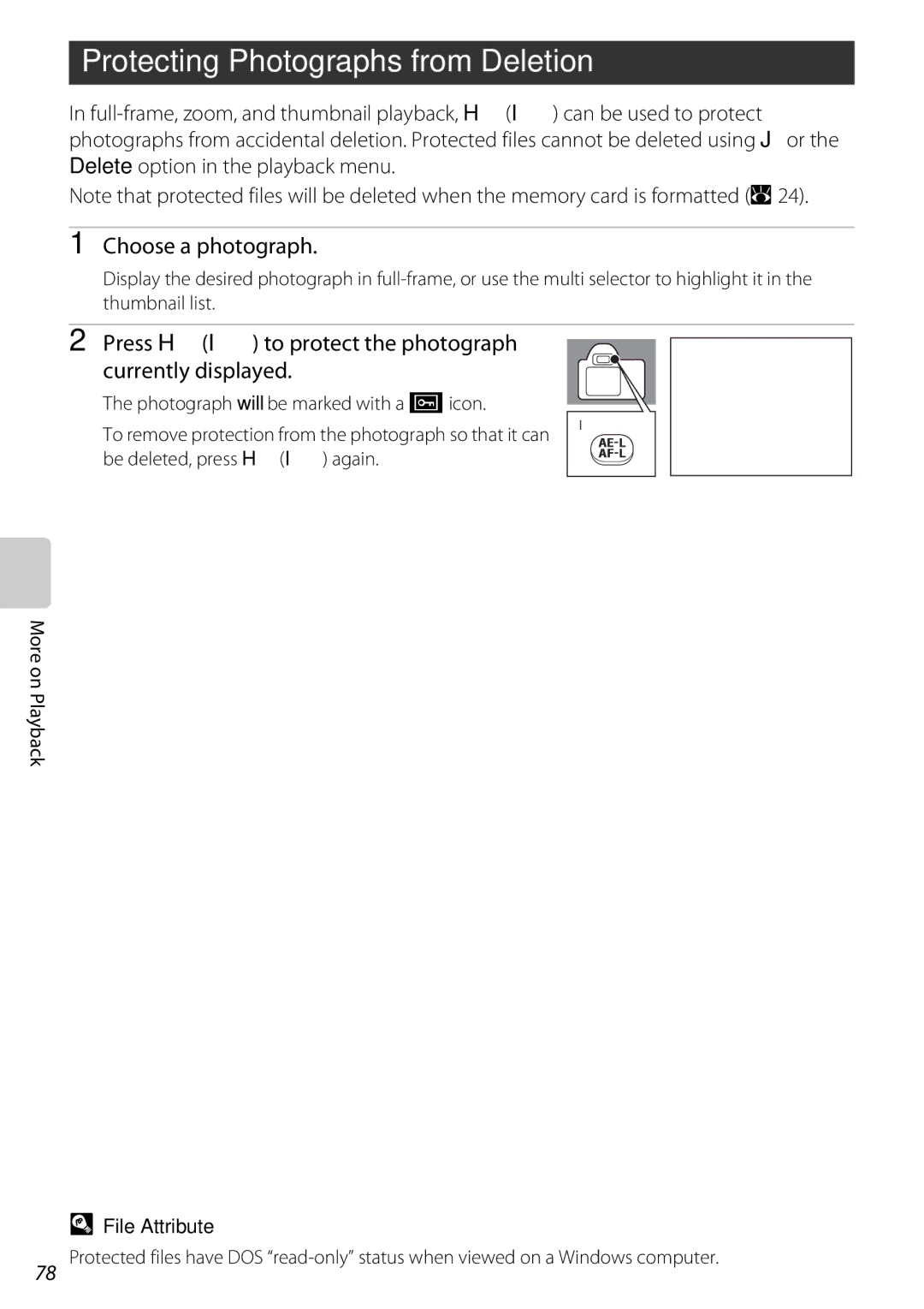 Nikon D60OUTFIT, D60BODY, 25438 user manual Protecting Photographs from Deletion, Choose a photograph, File Attribute 