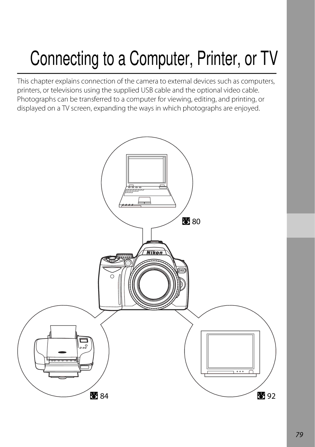 Nikon D60BODY, D60OUTFIT, 25438 user manual Connecting to a Computer, Printer, or TV 