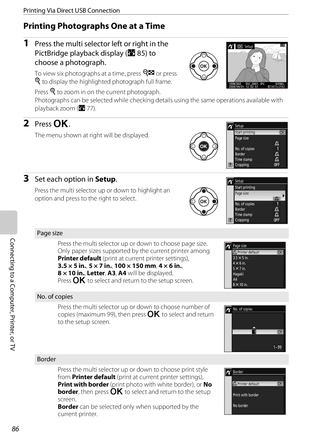 Nikon 25438, D60OUTFIT, D60BODY user manual Printing Photographs One at a Time, Press the multi selector left or right 