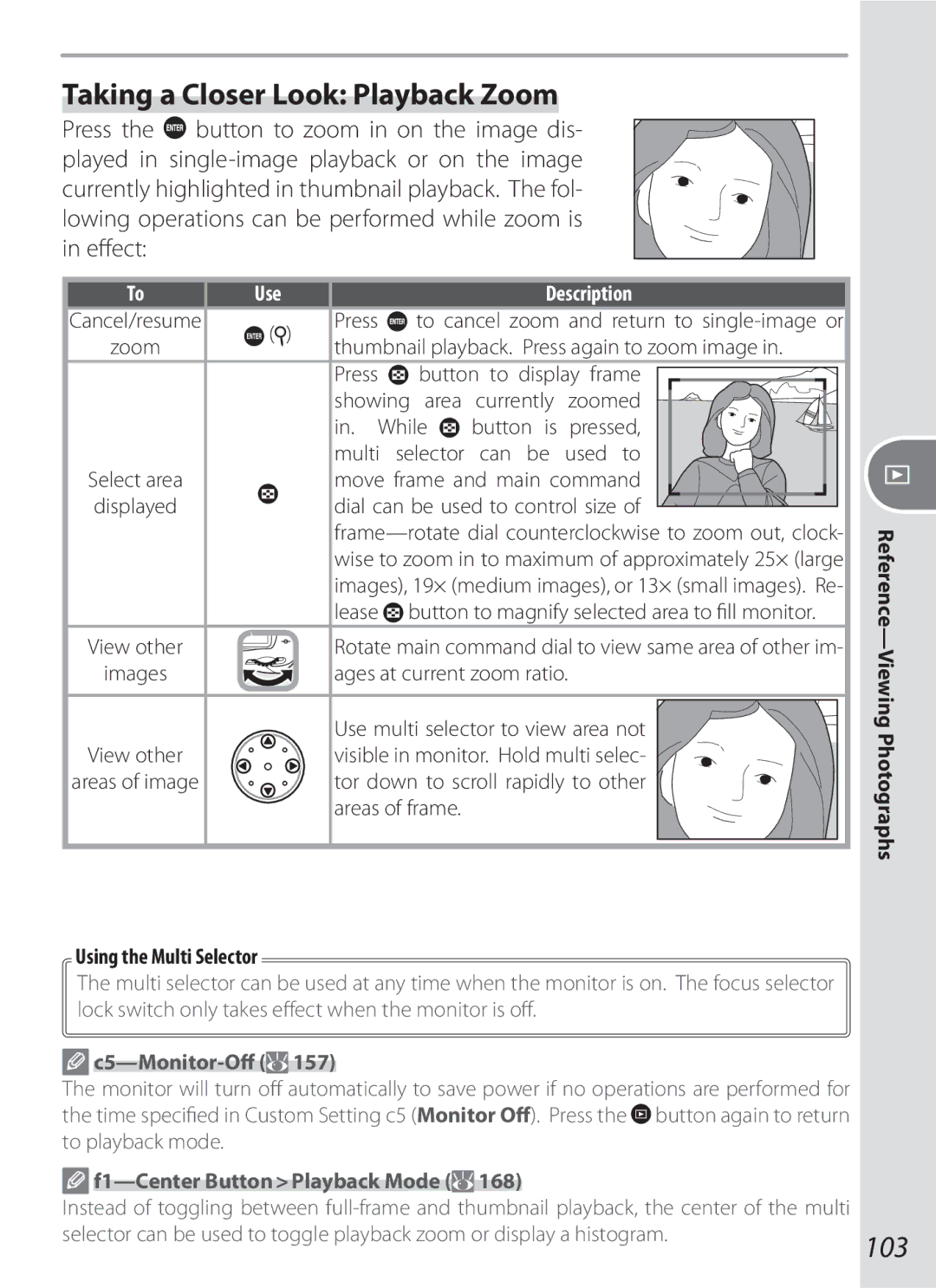 Nikon D200KIT, D70-series, 17002 Taking a Closer Look Playback Zoom, 103, Use Description, F1-Center Button Playback Mode 