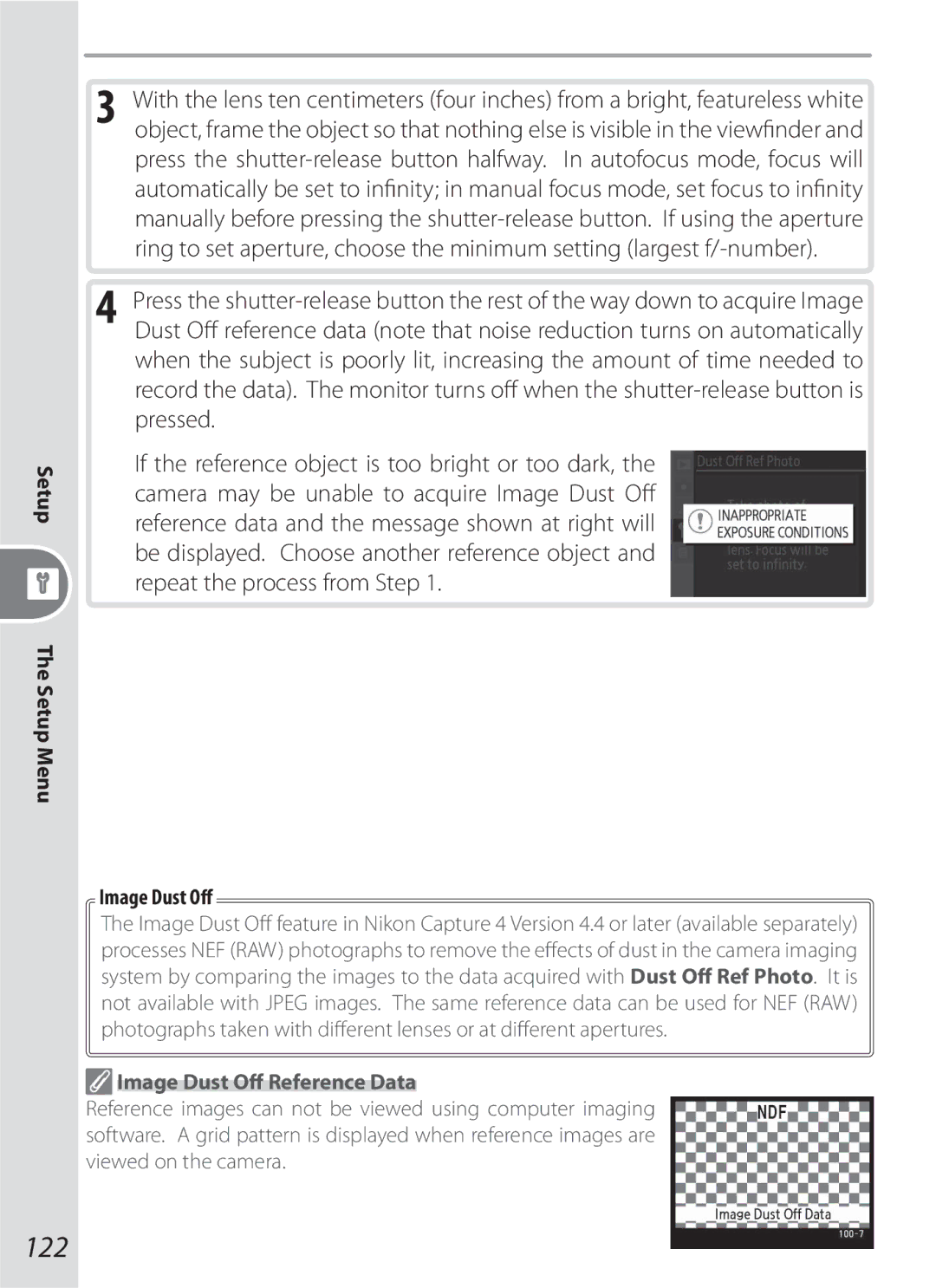 Nikon D200OUTFIT, D70-series, D200BODY, D200KIT, 17002 manual 122, Setup Menu Image Dust Oﬀ, Image Dust Oﬀ Reference Data 