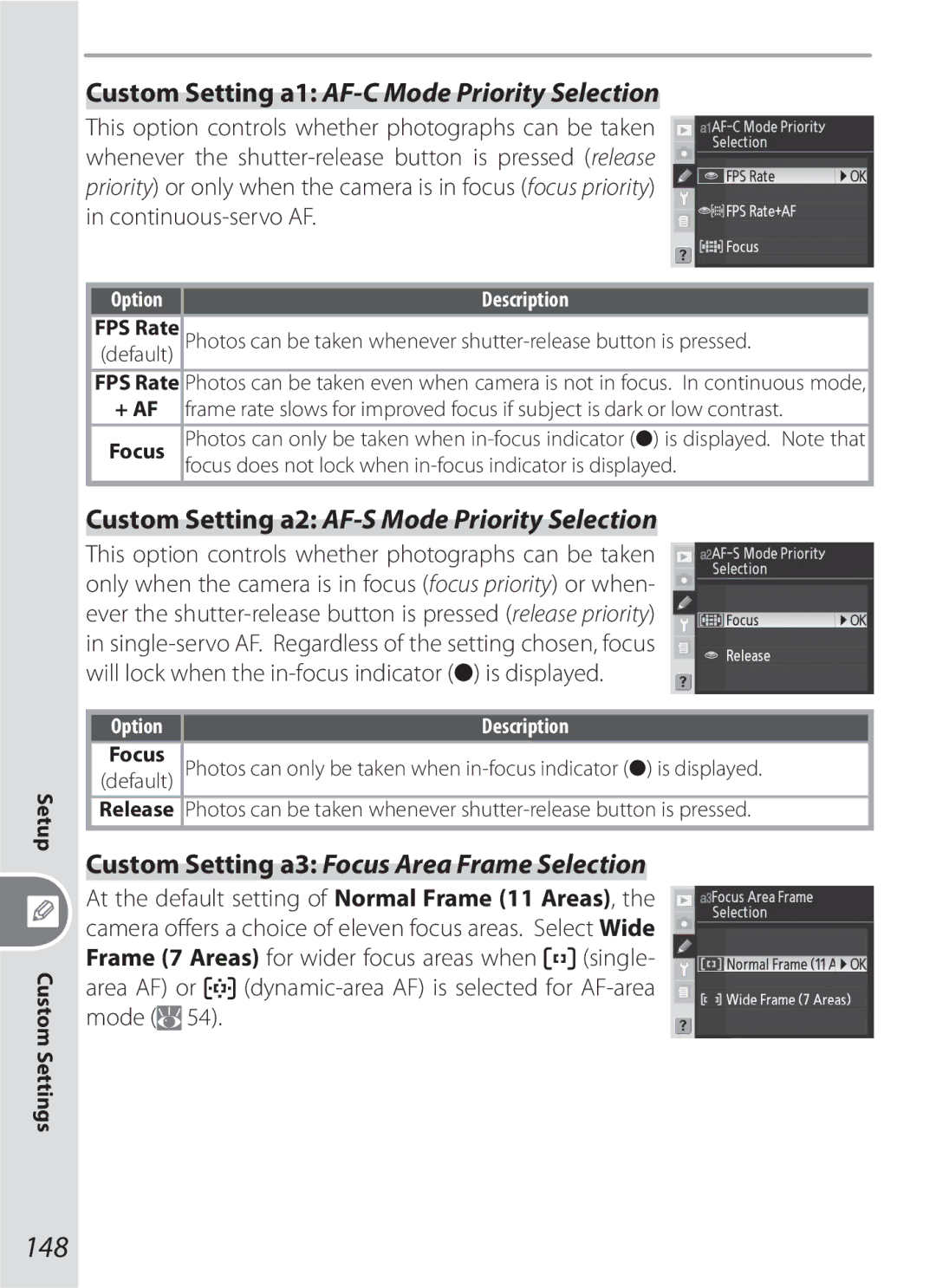 Nikon D200KIT, 17002 148, Custom Setting a1 AF-C Mode Priority Selection, Custom Setting a2 AF-S Mode Priority Selection 