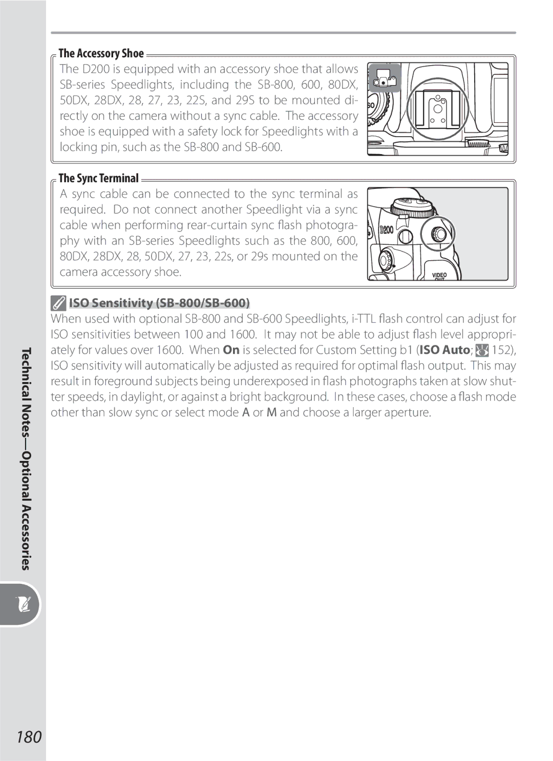 Nikon D70-series 180, Technical Notes-Optional Accessories Accessory Shoe, Sync Terminal, ISO Sensitivity SB-800/SB-600 