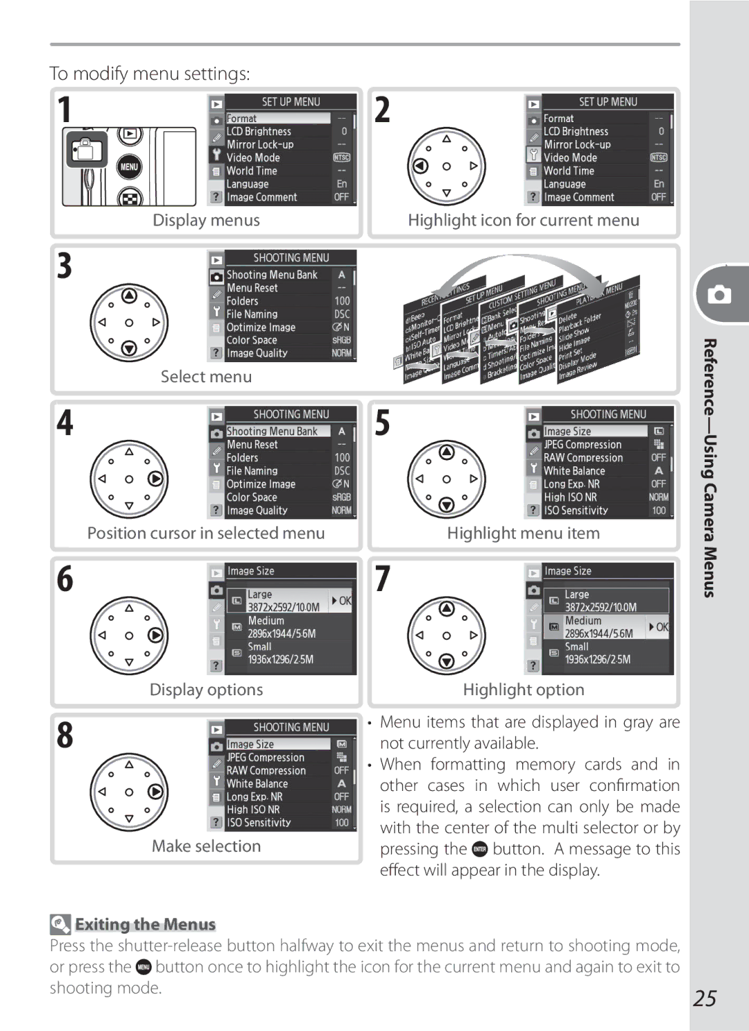 Nikon D70-series, D200BODY, D200OUTFIT, D200KIT To modify menu settings, Reference-Using Camera Menus, Exiting the Menus 