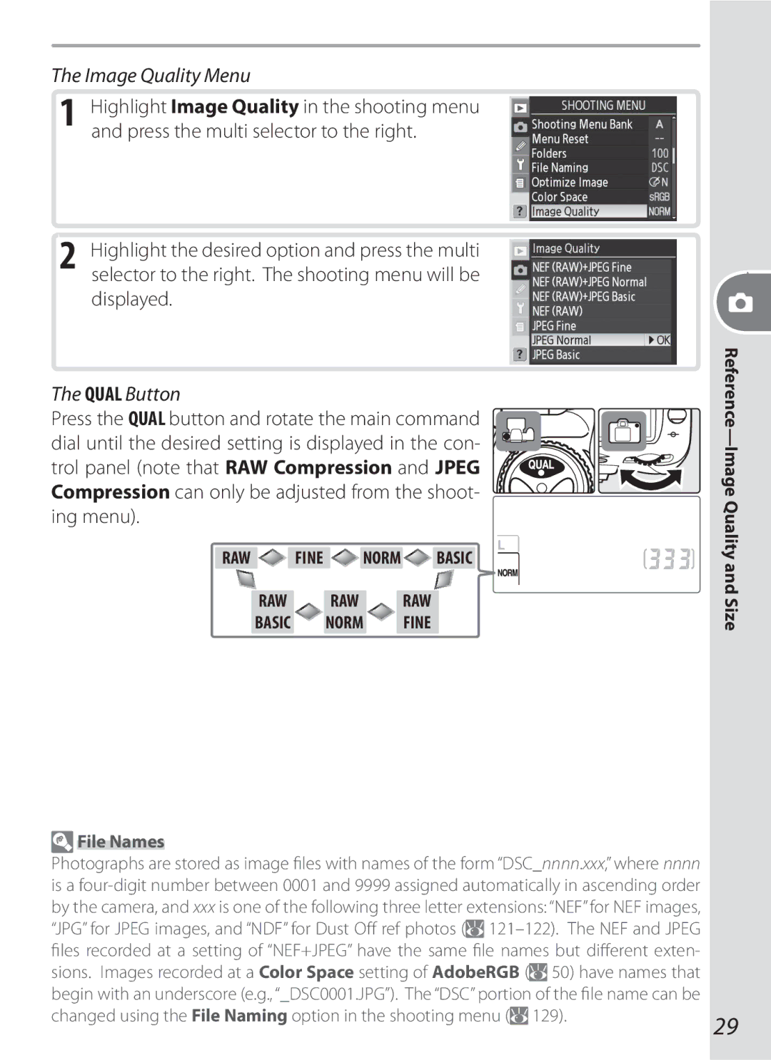 Nikon 17002, D70-series, D200BODY, D200OUTFIT, D200KIT manual Image Quality Menu, Qual Button, File Names 