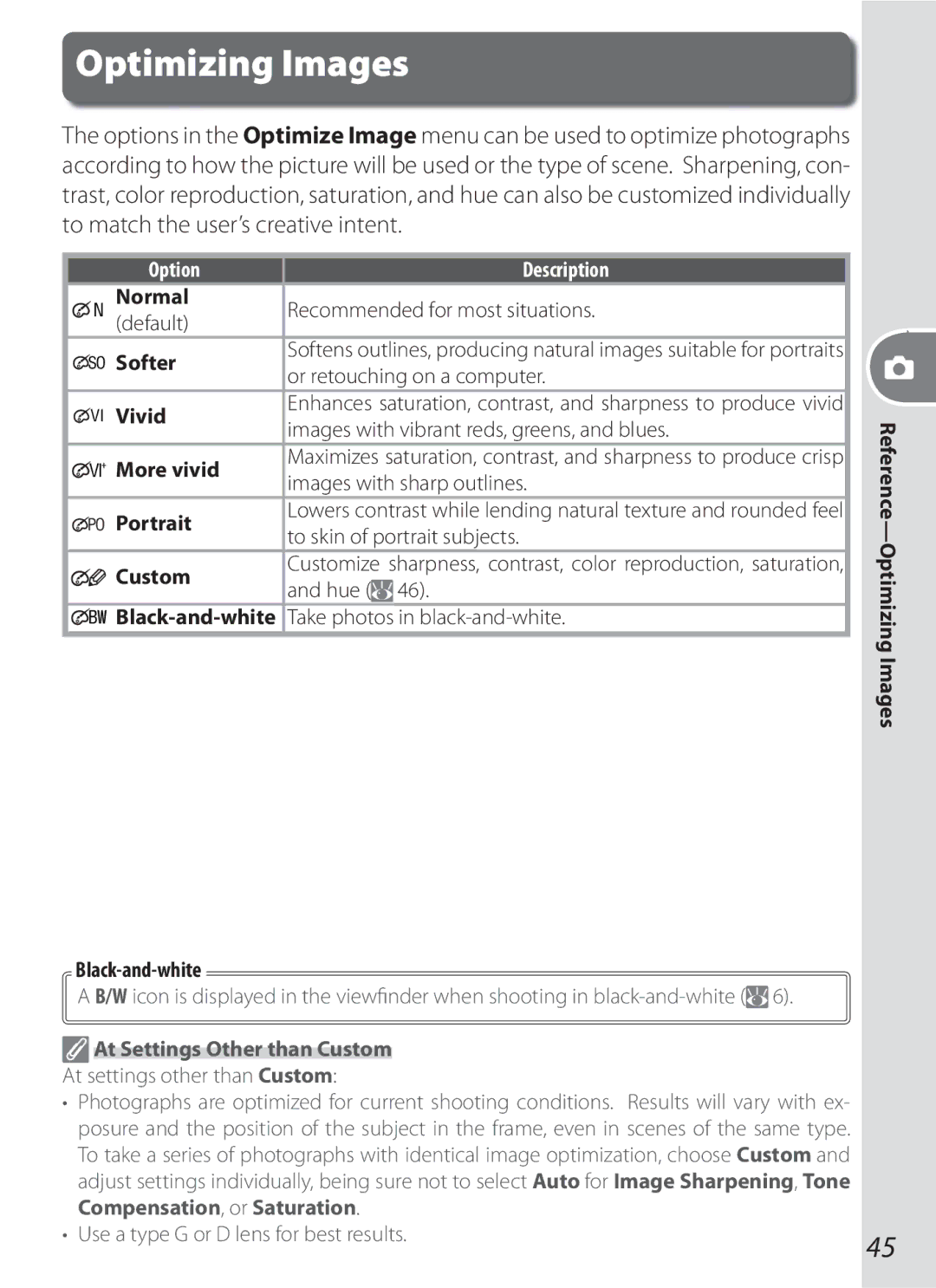 Nikon D70-series, D200BODY, D200OUTFIT, D200KIT, 17002 manual Optimizing Images, At Settings Other than Custom 