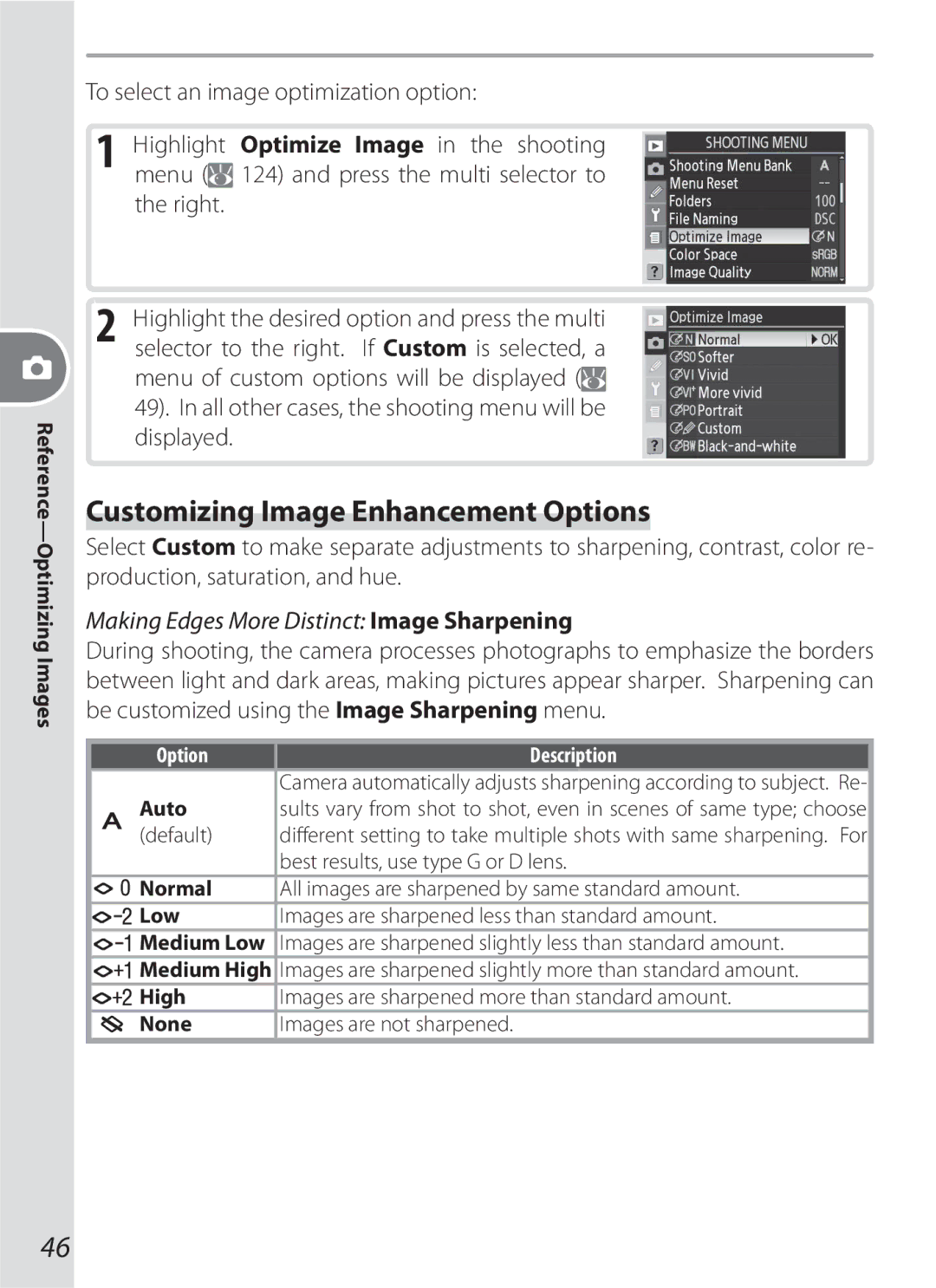 Nikon D200BODY, 17002 Customizing Image Enhancement Options, Making Edges More Distinct Image Sharpening, Low, High, None 