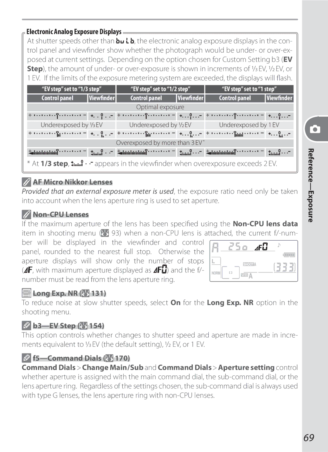 Nikon 17002, D70-series, D200BODY, D200OUTFIT manual Electronic Analog Exposure Displays, At 1/3 step, AF Micro Nikkor Lenses 