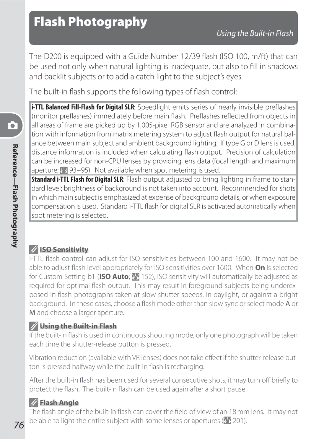 Nikon D200BODY Flash Photography, Built-in ﬂash supports the following types of ﬂash control, ISO Sensitivity, Flash Angle 