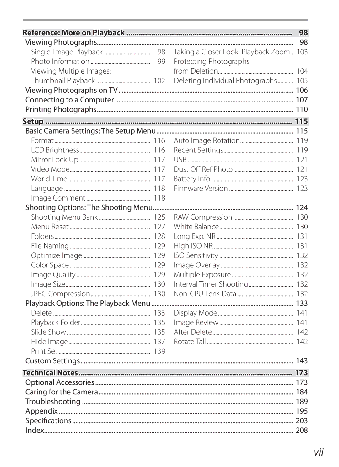 Nikon 17002, D70-series, D200BODY, D200OUTFIT, D200KIT manual Vii, 115, 173 