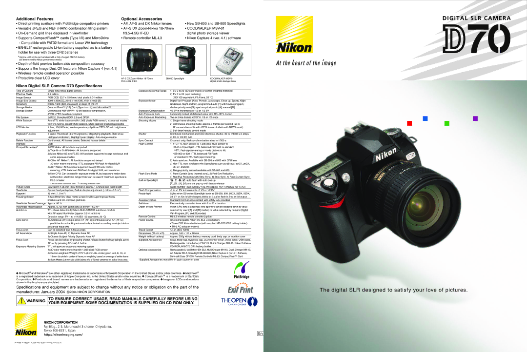 Nikon D70 brochure Additional Features Optional Accessories, Coolwalker MSV-01, Usb 