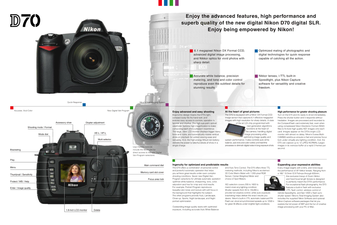 Nikon D70 brochure Ae-L / Af-L, Multi selector, Main command dial, Inch LCD monitor Delete 