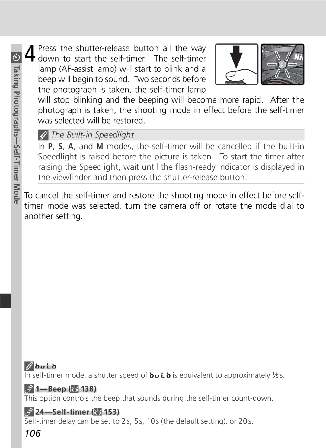 Nikon D70 manual 106, Beep, Self-timer 