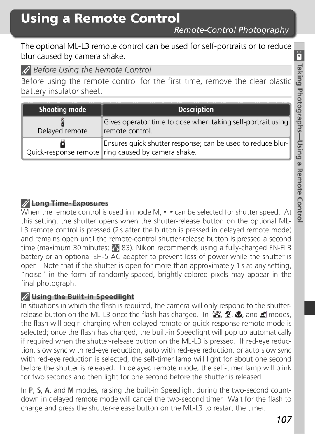 Nikon D70 manual 107, Remote-Control Photography, Taking Photographs-Using a Remote Control 