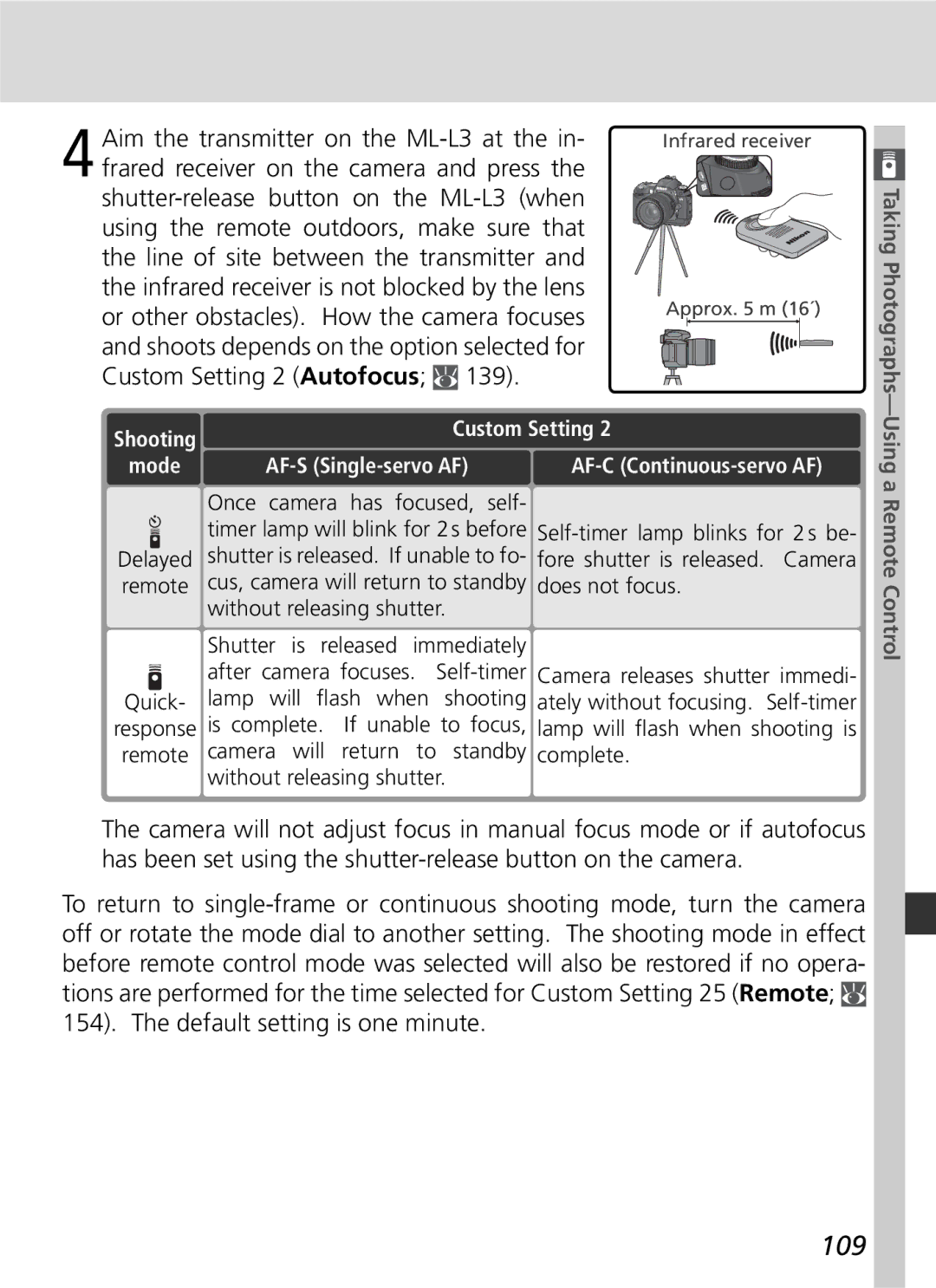 Nikon D70 manual 109, Custom Setting, AF-S Single-servo AF, Using a Remote Control 