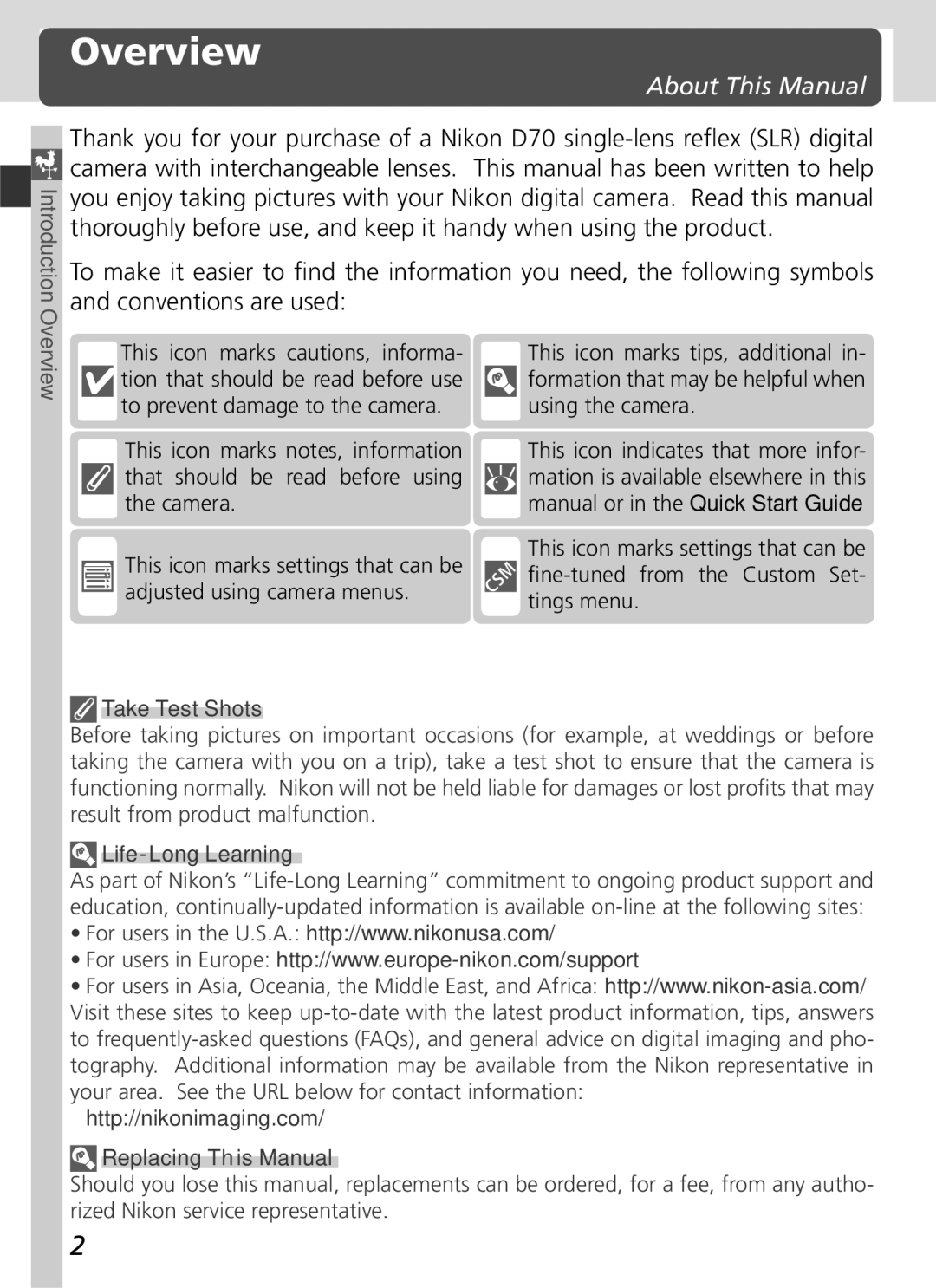 Nikon D70 manual Overview, About This Manual 