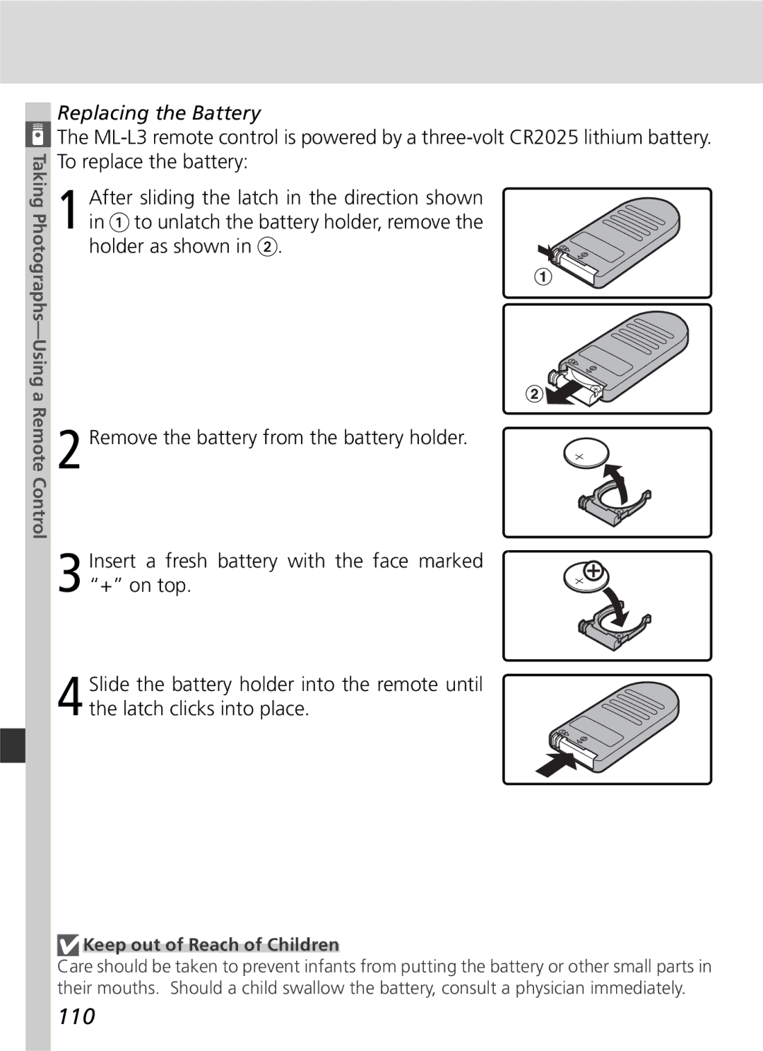 Nikon D70 manual 110, Replacing the Battery, Keep out of Reach of Children 