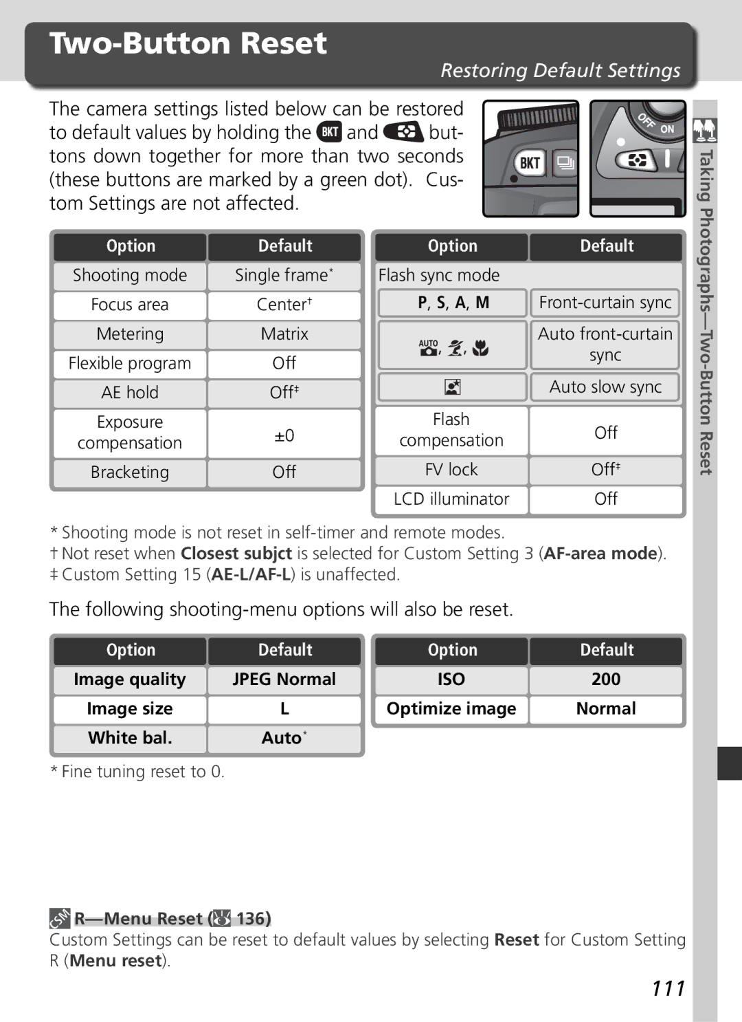 Nikon D70 manual Two-Button Reset, 111, Restoring Default Settings, Following shooting-menu options will also be reset 