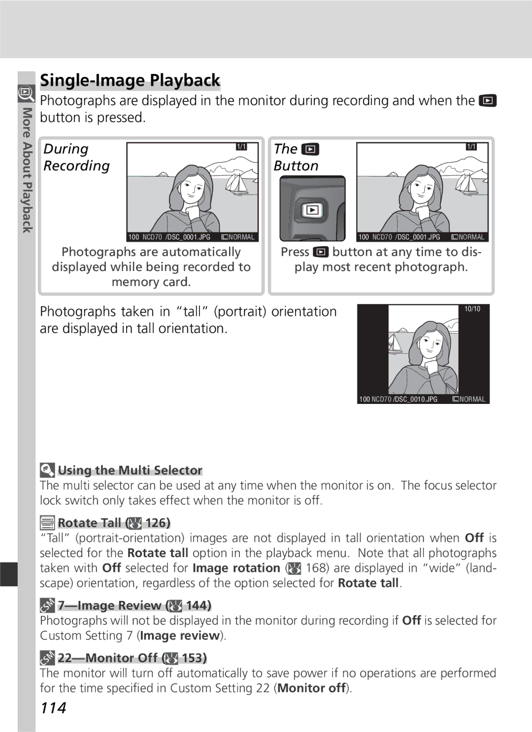 Nikon D70 manual Single-Image Playback, 114, More, About Playback 