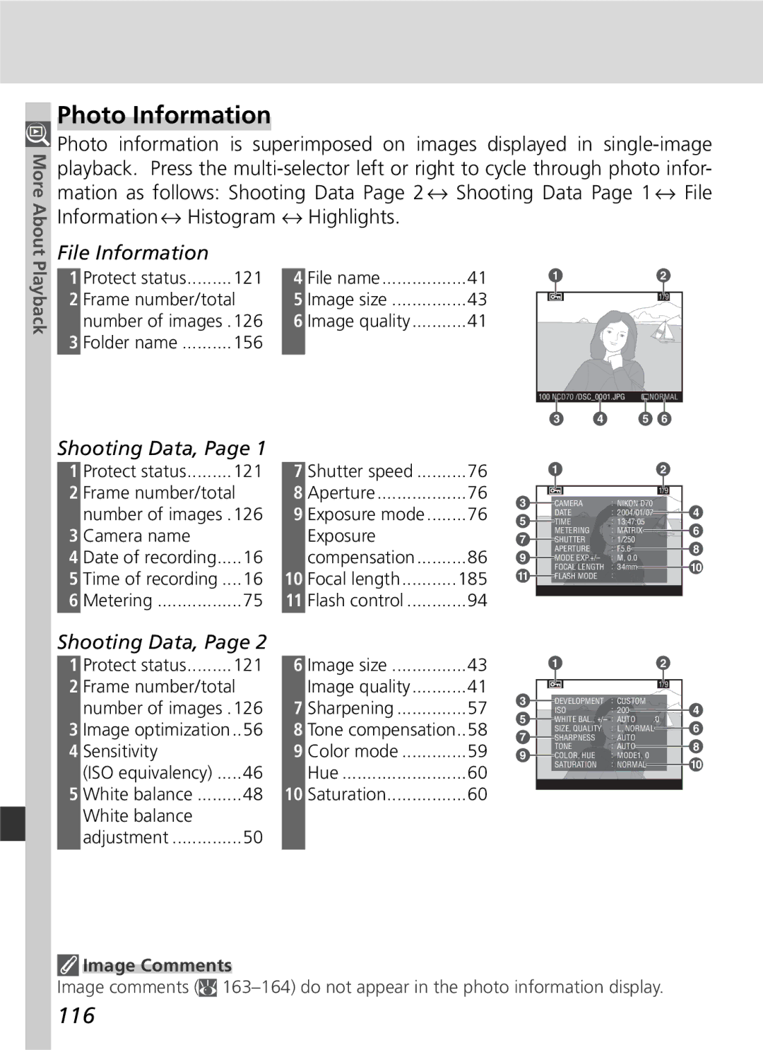 Nikon D70 manual Photo Information, 116, File Information, Shooting Data, Playback 