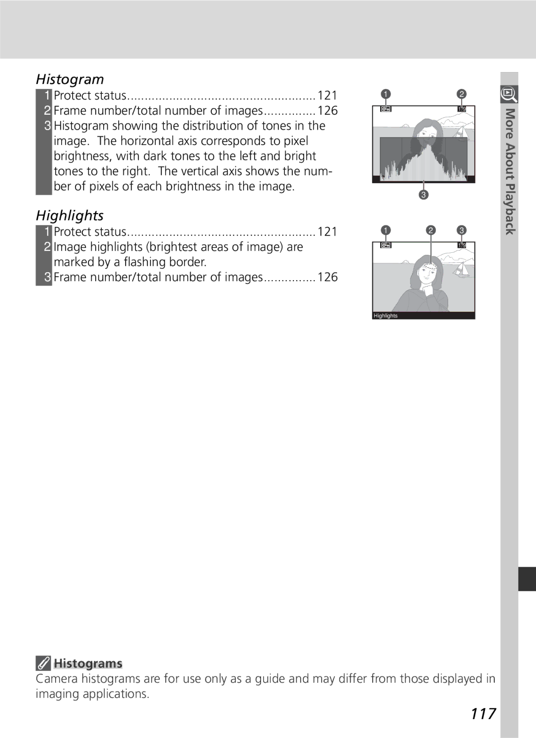 Nikon D70 manual 117, Highlights, More About Playback, Histograms 